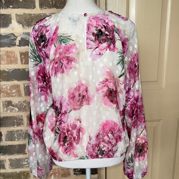 Express Pink Floral Gathered Neck Balloon Sleeve Top Clip Dot Lined Sz Large - Picture 7 of 13